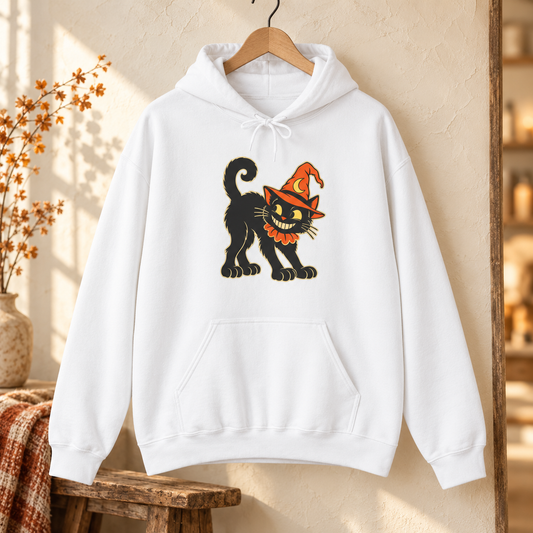 Halloween Black Cat Hoodie – Vintage Witch Hat Cat Pullover