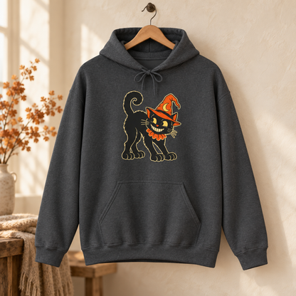 Halloween Black Cat Hoodie – Vintage Witch Hat Cat Pullover