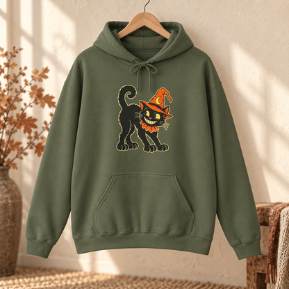 Halloween Black Cat Hoodie – Vintage Witch Hat Cat Pullover