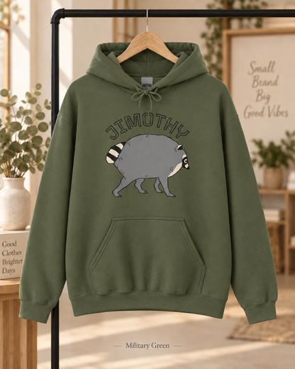 Jimothy Raccoon Hoodie | Cute Cartoon Raccoon Illustration, Name Text
