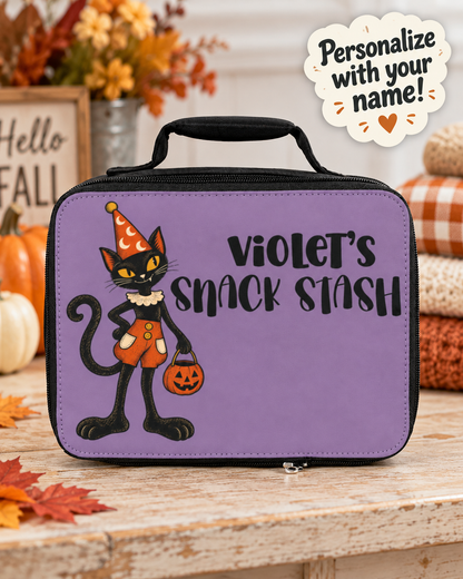 Personalized Halloween Cat Lunch Bag, Custom Name Snack Stash, Purple Retro Black Cat Lunchbox, Spooky Gift for Cat Lovers