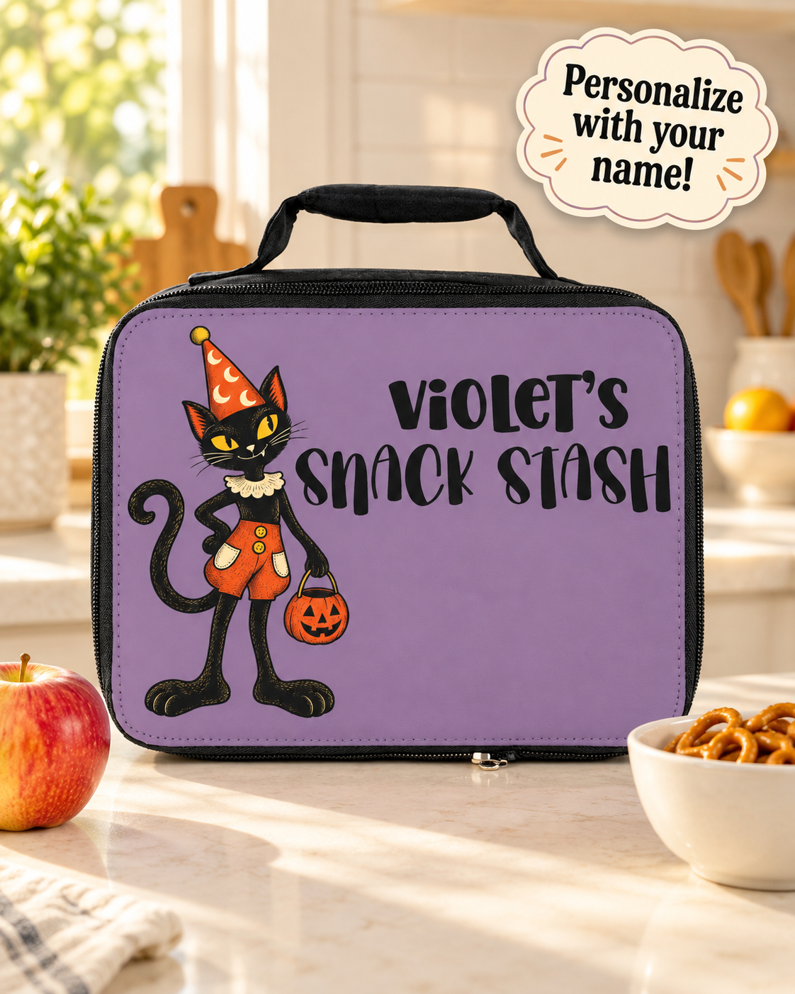 Personalized Halloween Cat Lunch Bag, Custom Name Snack Stash, Purple Retro Black Cat Lunchbox, Spooky Gift for Cat Lovers