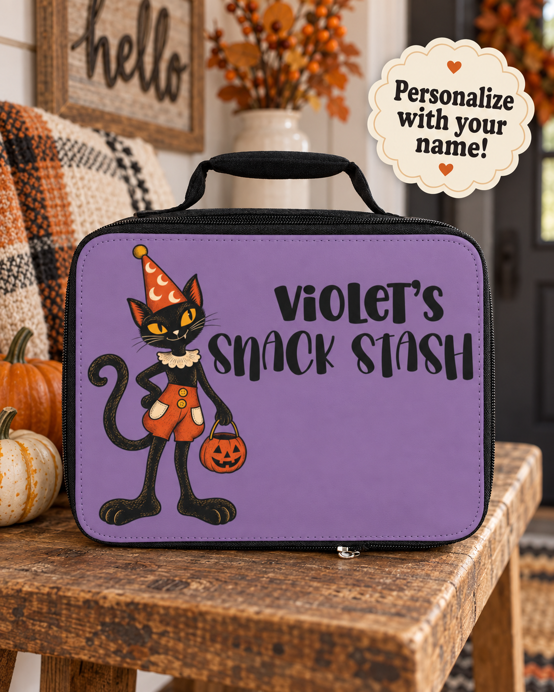 Personalized Halloween Cat Lunch Bag, Custom Name Snack Stash, Purple Retro Black Cat Lunchbox, Spooky Gift for Cat Lovers
