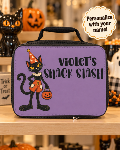 Personalized Halloween Cat Lunch Bag, Custom Name Snack Stash, Purple Retro Black Cat Lunchbox, Spooky Gift for Cat Lovers