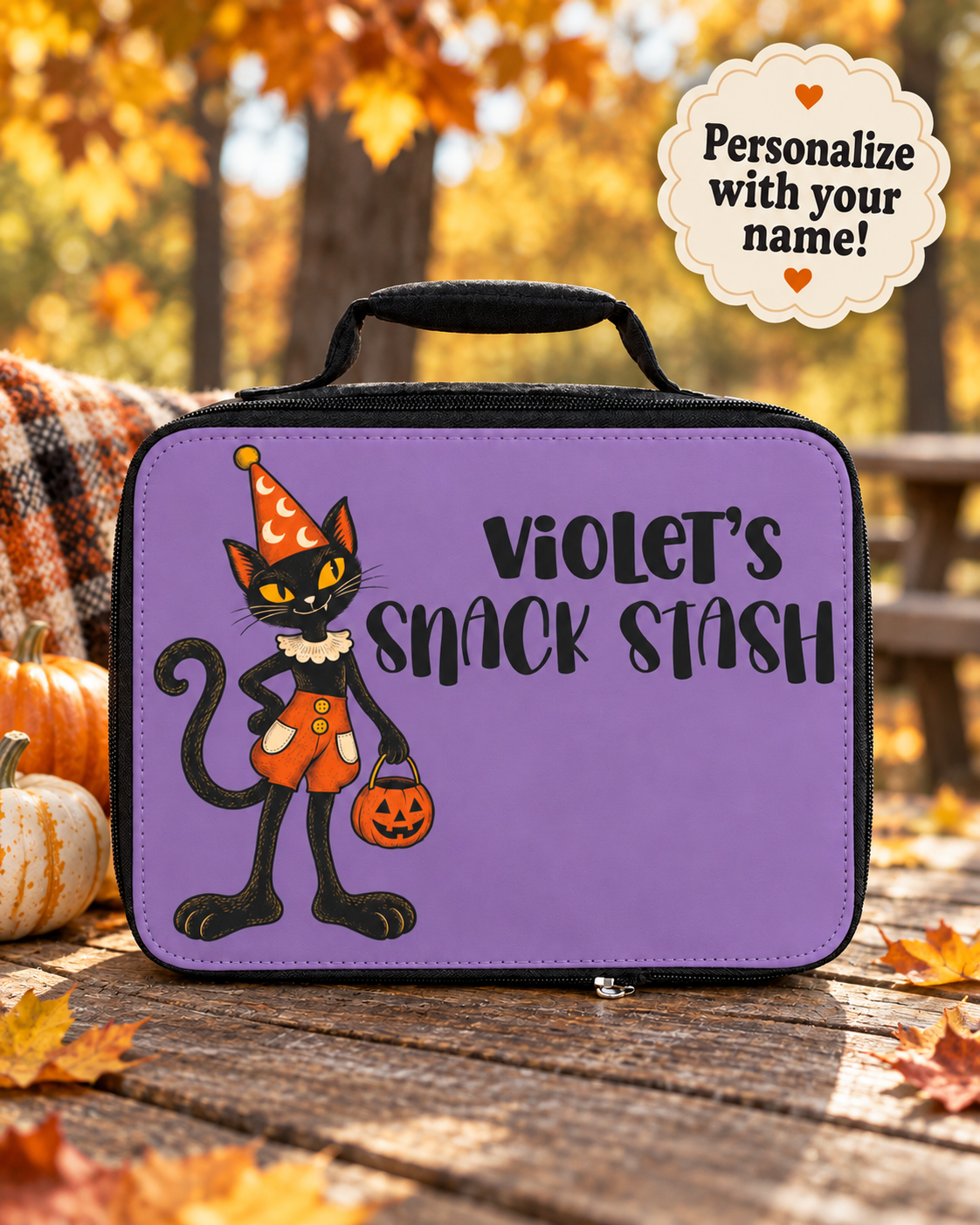 Personalized Halloween Cat Lunch Bag, Custom Name Snack Stash, Purple Retro Black Cat Lunchbox, Spooky Gift for Cat Lovers
