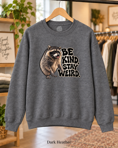 Be Kind Stay Weird Raccoon Crewneck Sweatshirt, Funny Trash Panda Graphic Pullover, Groovy Lettering, Raccoon Lover Gift