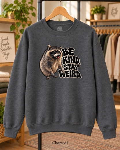 Be Kind Stay Weird Raccoon Crewneck Sweatshirt, Funny Trash Panda Graphic Pullover, Groovy Lettering, Raccoon Lover Gift
