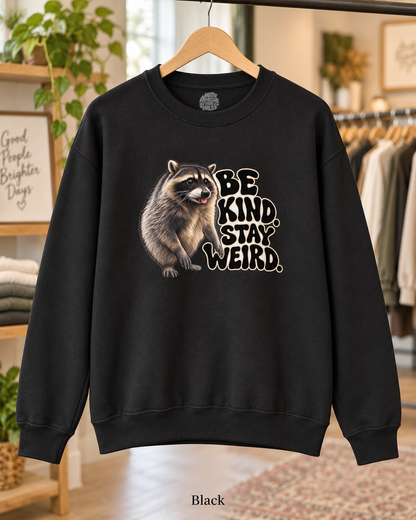 Be Kind Stay Weird Raccoon Crewneck Sweatshirt, Funny Trash Panda Graphic Pullover, Groovy Lettering, Raccoon Lover Gift