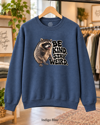 Be Kind Stay Weird Raccoon Crewneck Sweatshirt, Funny Trash Panda Graphic Pullover, Groovy Lettering, Raccoon Lover Gift