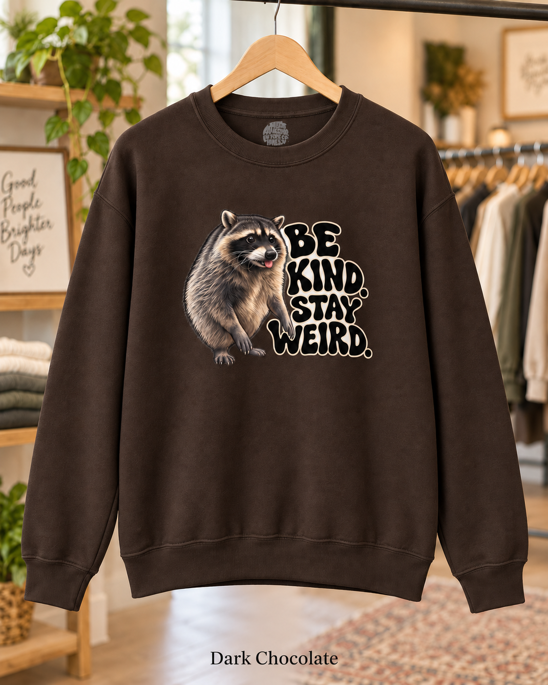 Be Kind Stay Weird Raccoon Crewneck Sweatshirt, Funny Trash Panda Graphic Pullover, Groovy Lettering, Raccoon Lover Gift