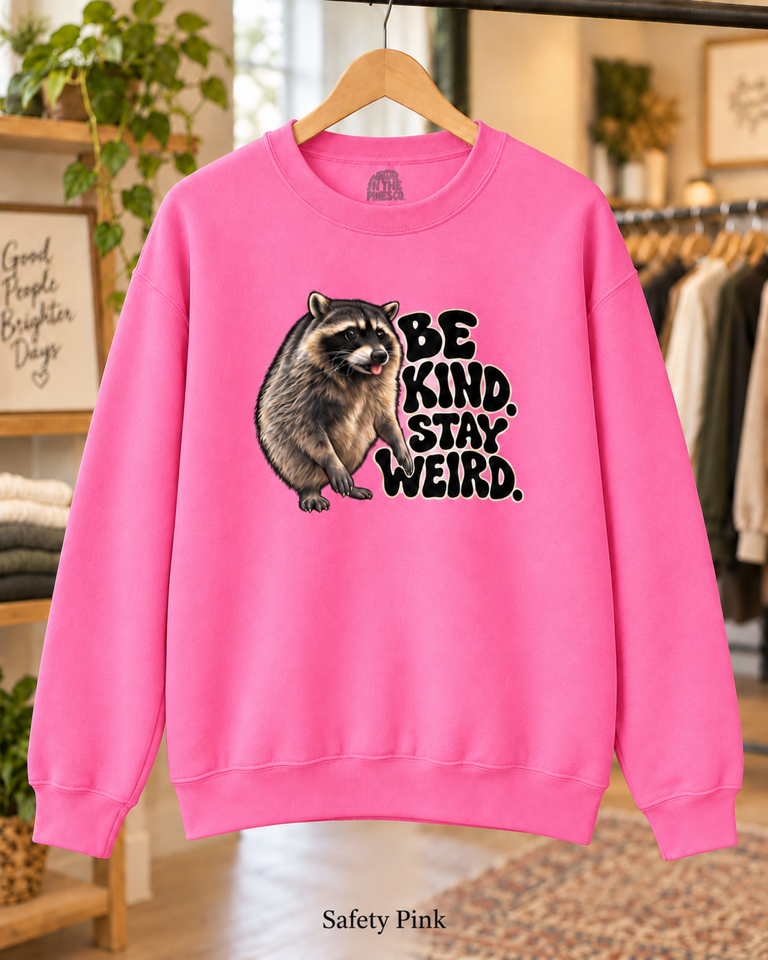 Be Kind Stay Weird Raccoon Crewneck Sweatshirt, Funny Trash Panda Graphic Pullover, Groovy Lettering, Raccoon Lover Gift