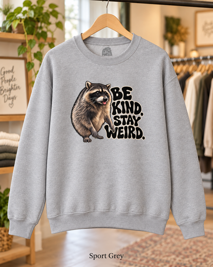 Be Kind Stay Weird Raccoon Crewneck Sweatshirt, Funny Trash Panda Graphic Pullover, Groovy Lettering, Raccoon Lover Gift