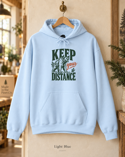 Hoodie — "Keep Your Distance" Bear Graphic Pullover