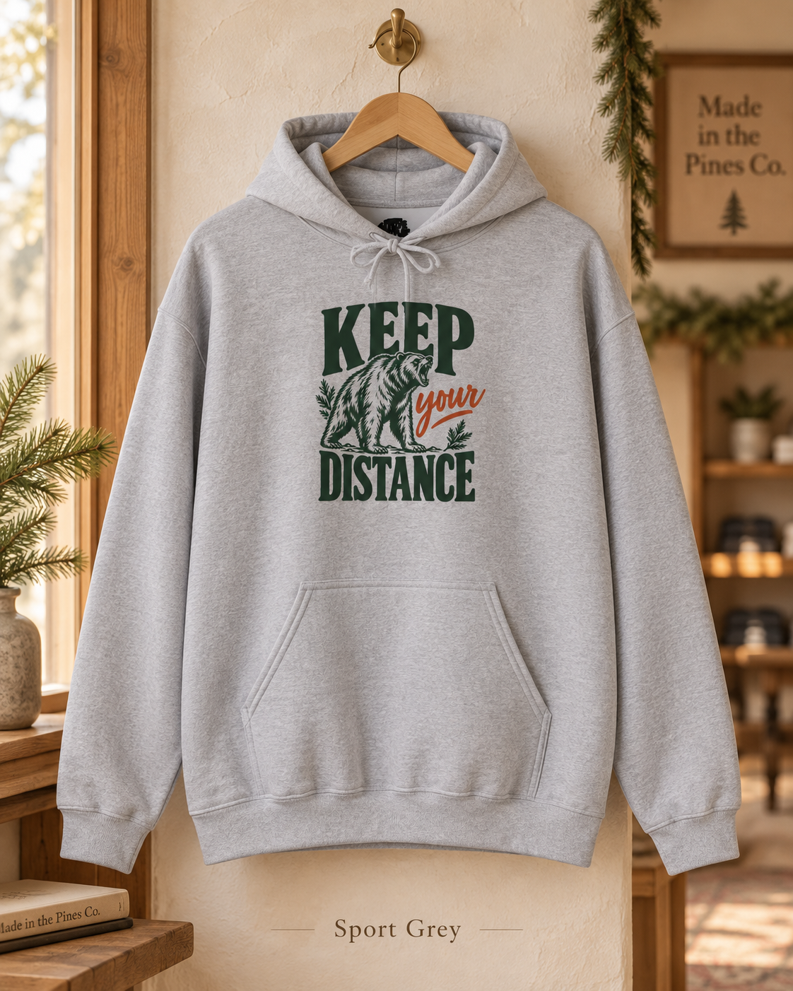 Hoodie — "Keep Your Distance" Bear Graphic Pullover