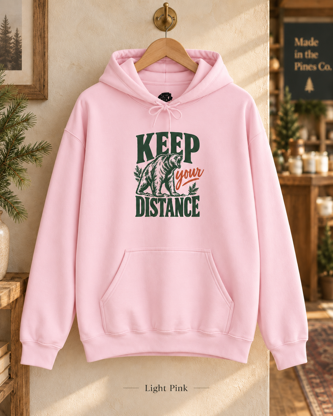 Hoodie — "Keep Your Distance" Bear Graphic Pullover