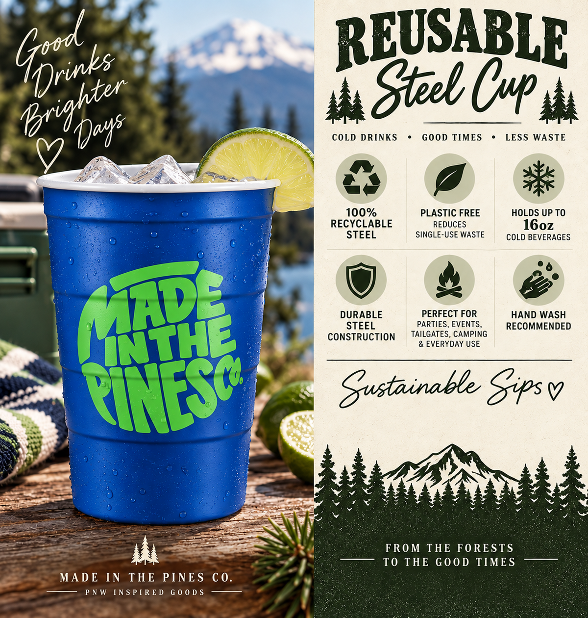 Made in the Pines Steel Cup — Reusable Green Party Cup
