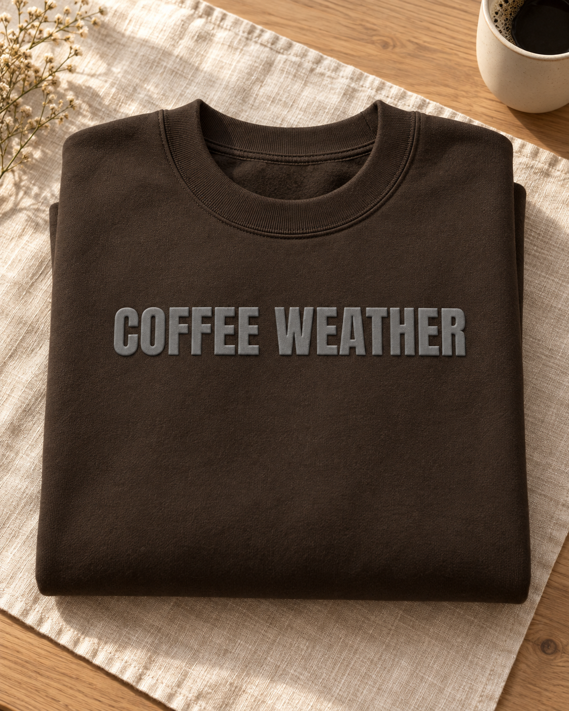 Coffee Weather Puff Print Crewneck Sweatshirt, Cozy Coffee Lover Pullover, Fall Fleece Sweatshirt