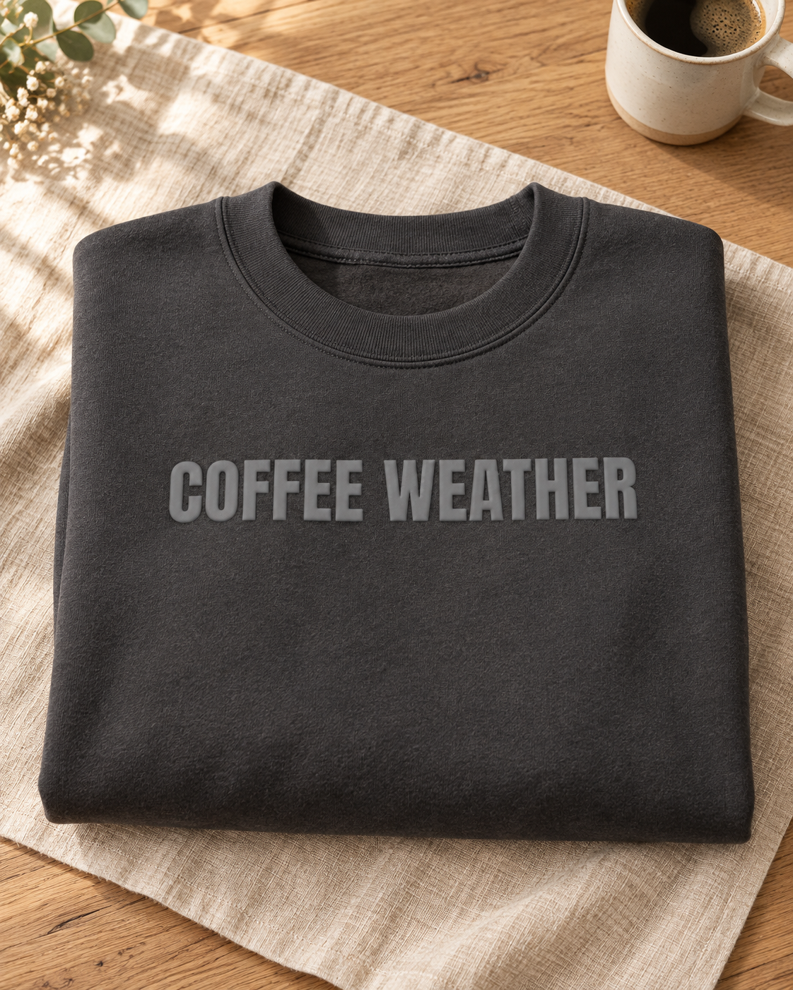 Coffee Weather Puff Print Crewneck Sweatshirt, Cozy Coffee Lover Pullover, Fall Fleece Sweatshirt