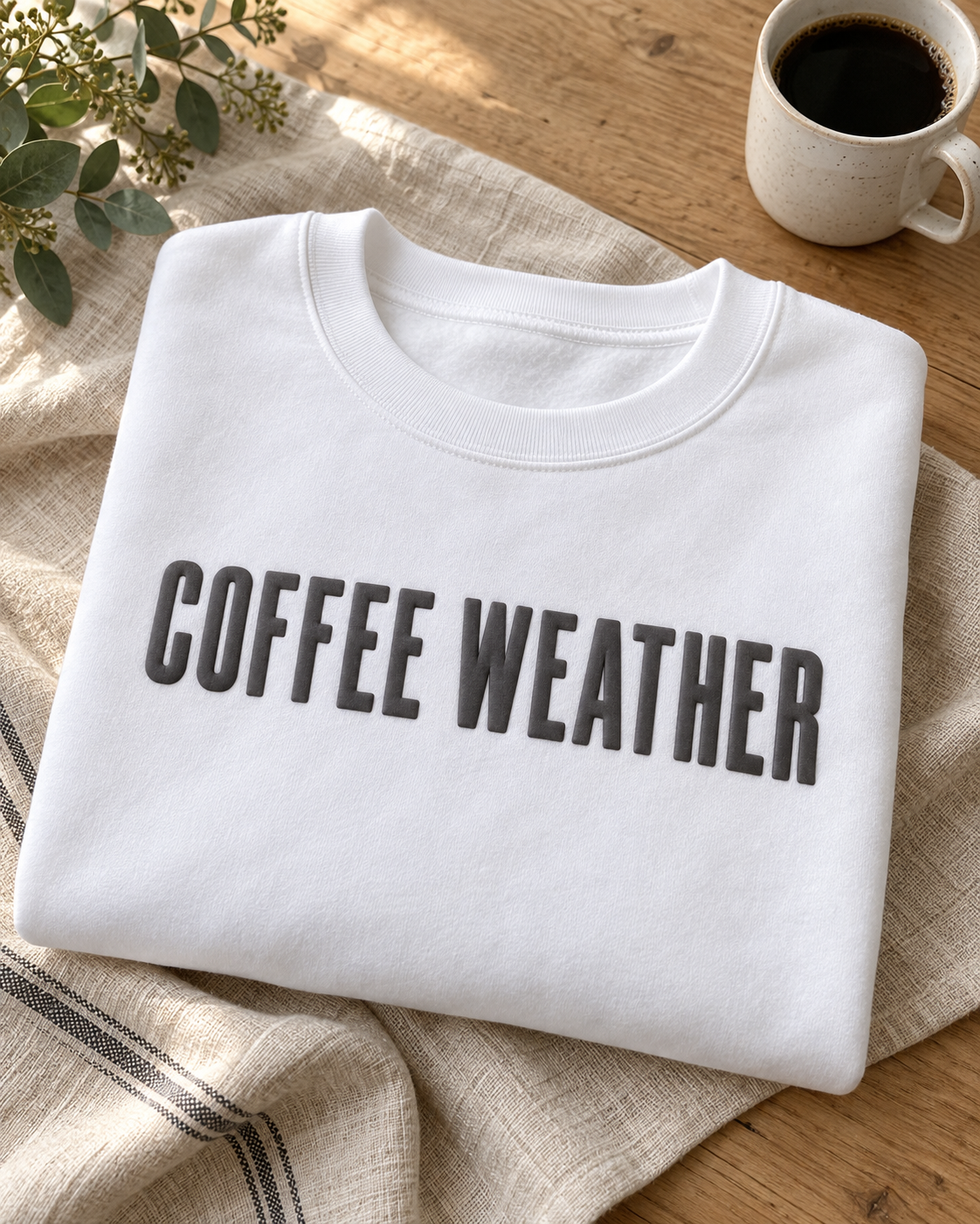 Coffee Weather Puff Print Crewneck Sweatshirt, Cozy Coffee Lover Pullover, Fall Fleece Sweatshirt