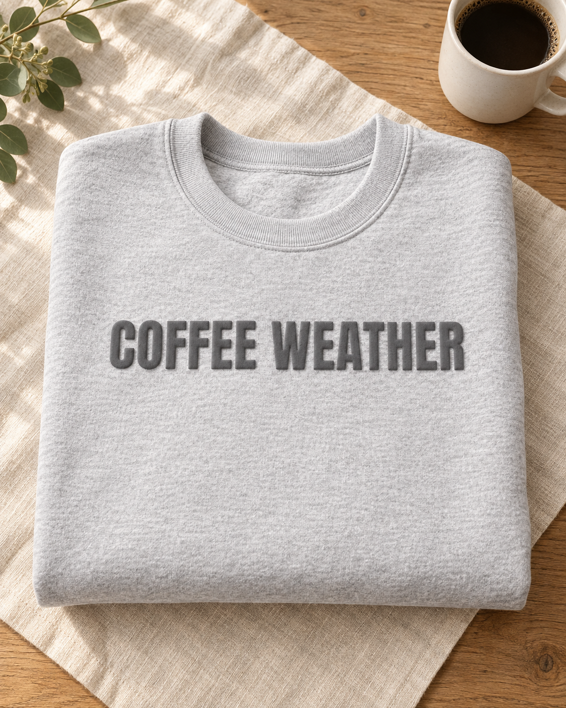 Coffee Weather Puff Print Crewneck Sweatshirt, Cozy Coffee Lover Pullover, Fall Fleece Sweatshirt
