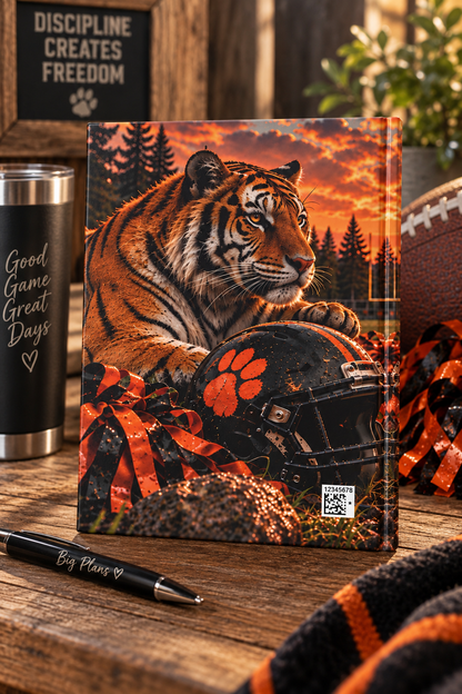 Senior 2027 Football Hardcover Journal — Tiger Mascot Sunset Lined Notebook