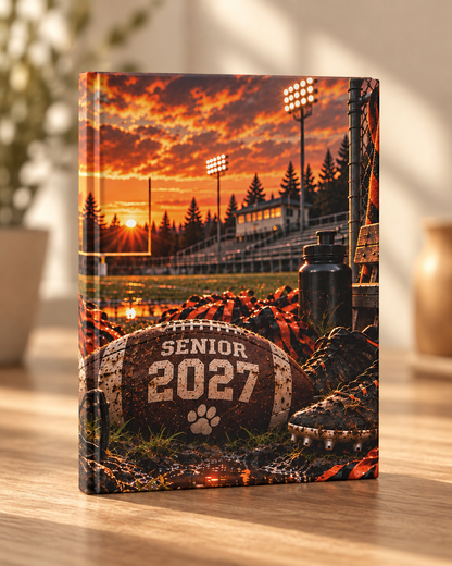 Senior 2027 Football Hardcover Journal — Tiger Mascot Sunset Lined Notebook