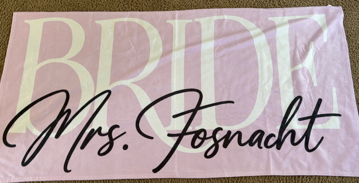 Bride Mrs. Taylor Pink Bridal Beach Towel — Personalized Bachelorette & Honeymoon Towel