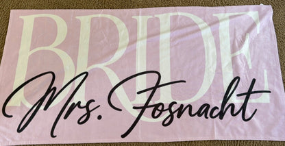 Bride Mrs. Taylor Pink Bridal Beach Towel — Personalized Bachelorette & Honeymoon Towel