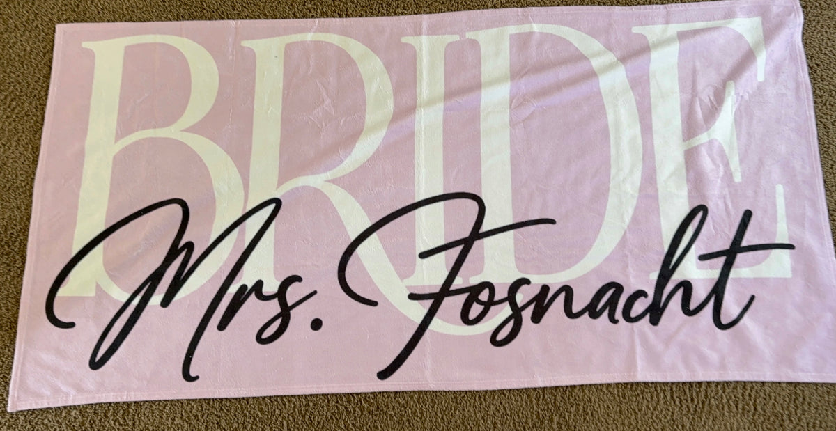Bride Mrs. Taylor Pink Bridal Beach Towel — Personalized Bachelorette & Honeymoon Towel
