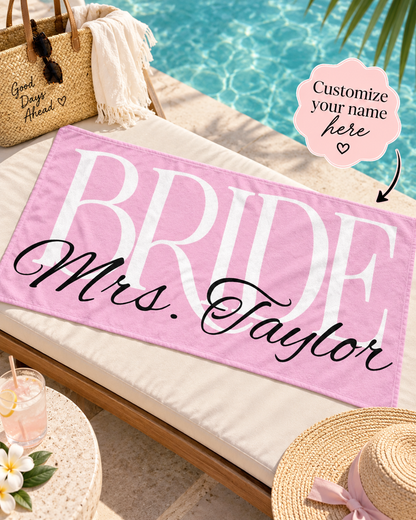 Bride Mrs. Taylor Pink Bridal Beach Towel — Personalized Bachelorette & Honeymoon Towel