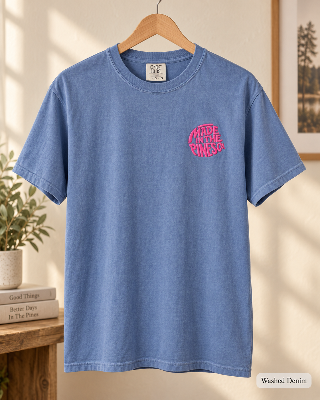 Made in the Pines Co. Embroidered Comfort Colors 1717 T-Shirt | Hot Pink Retro Logo Tee | Garment-Dyed Unisex Shirt