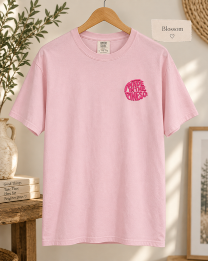 Made in the Pines Co. Embroidered Comfort Colors 1717 T-Shirt | Hot Pink Retro Logo Tee | Garment-Dyed Unisex Shirt
