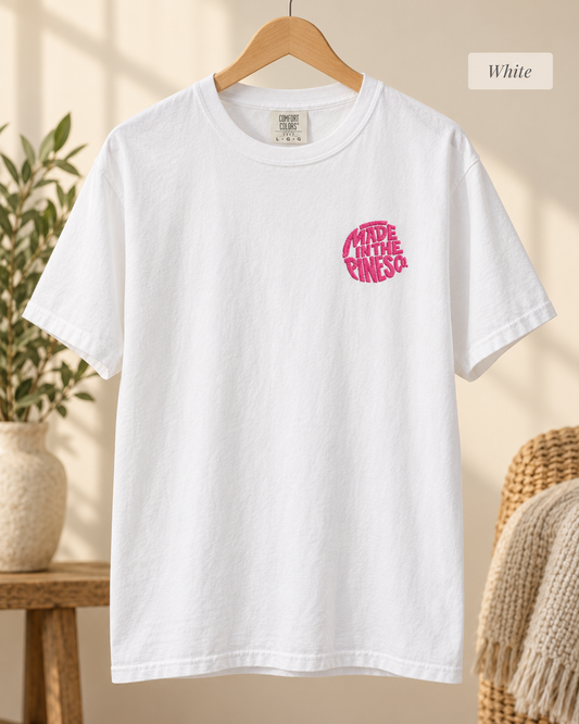 Made in the Pines Co. Embroidered Comfort Colors 1717 T-Shirt | Hot Pink Retro Logo Tee | Garment-Dyed Unisex Shirt