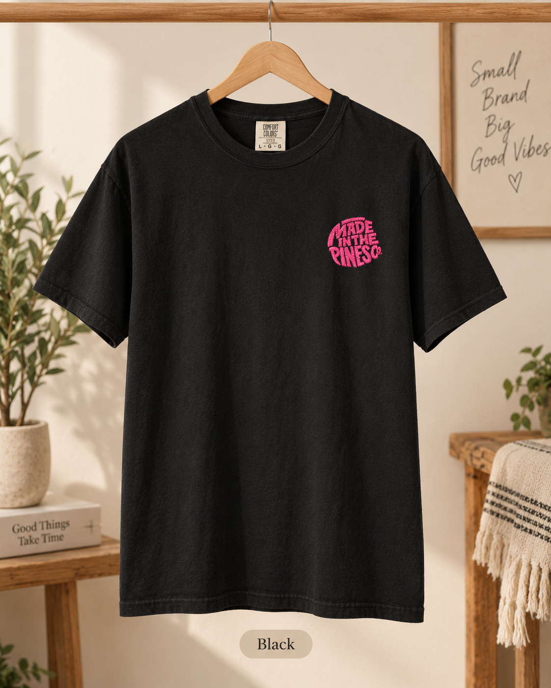 Made in the Pines Co. Embroidered Comfort Colors 1717 T-Shirt | Hot Pink Retro Logo Tee | Garment-Dyed Unisex Shirt