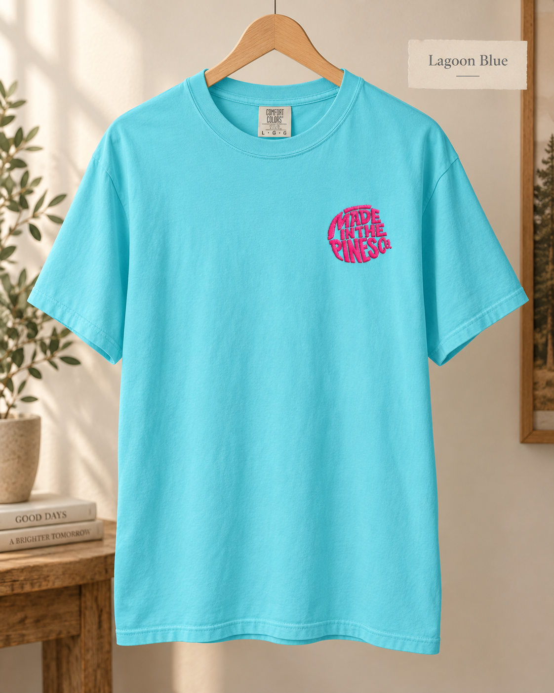 Made in the Pines Co. Embroidered Comfort Colors 1717 T-Shirt | Hot Pink Retro Logo Tee | Garment-Dyed Unisex Shirt