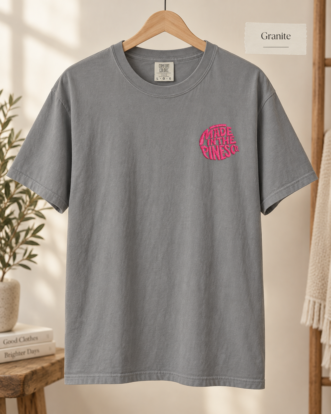 Made in the Pines Co. Embroidered Comfort Colors 1717 T-Shirt | Hot Pink Retro Logo Tee | Garment-Dyed Unisex Shirt