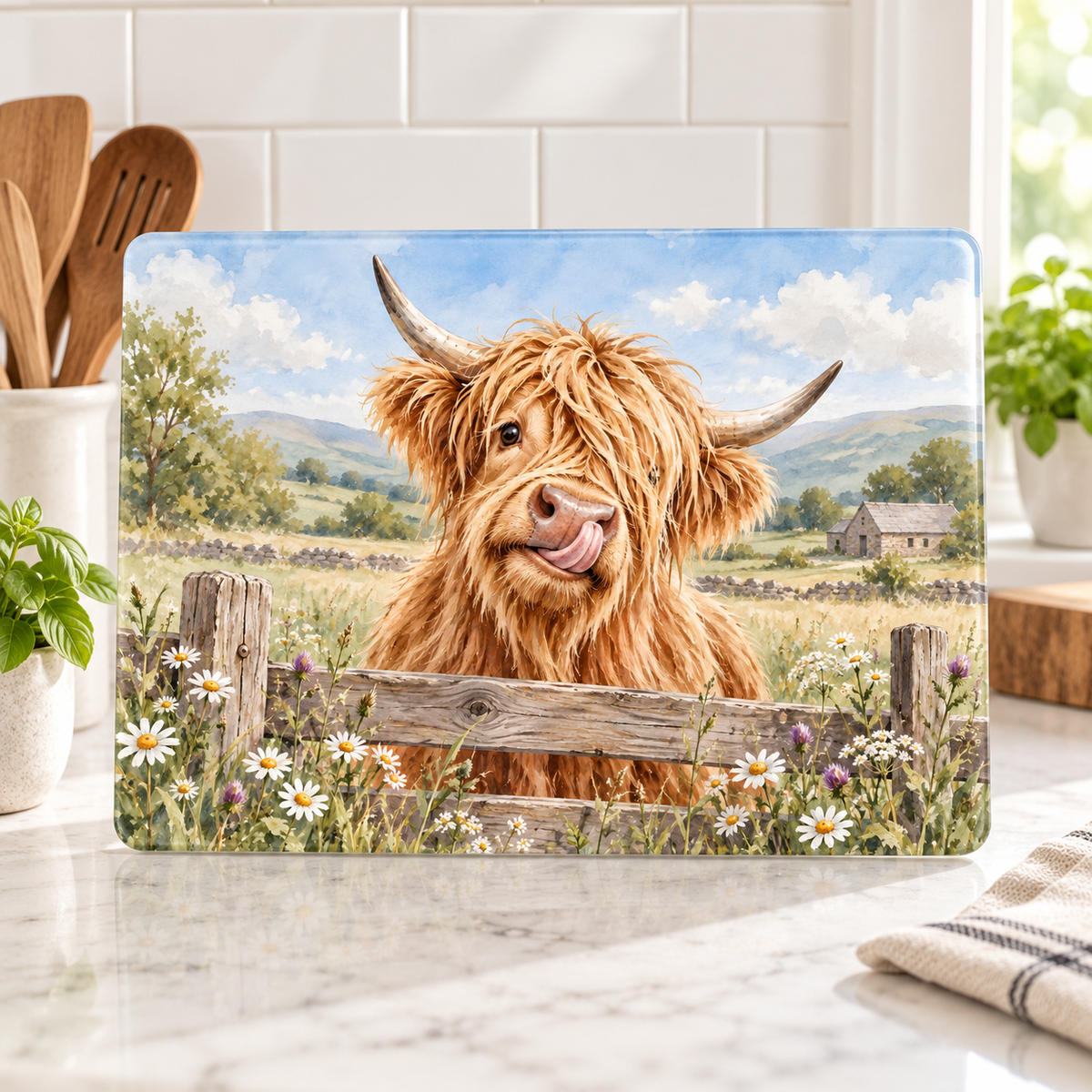Glass Cutting Board - Cute Highland Cow Kitchen Glass Chopping Board, Whimsical Farmhouse Decor Gift