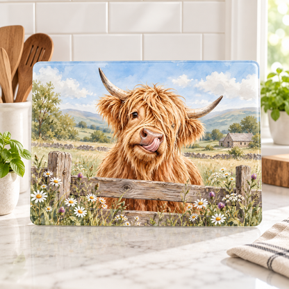 Glass Cutting Board - Cute Highland Cow Kitchen Glass Chopping Board, Whimsical Farmhouse Decor Gift