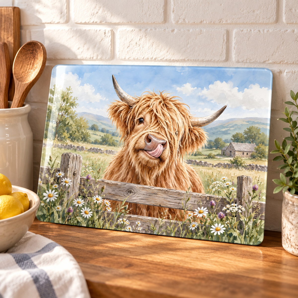 Glass Cutting Board - Cute Highland Cow Kitchen Glass Chopping Board, Whimsical Farmhouse Decor Gift