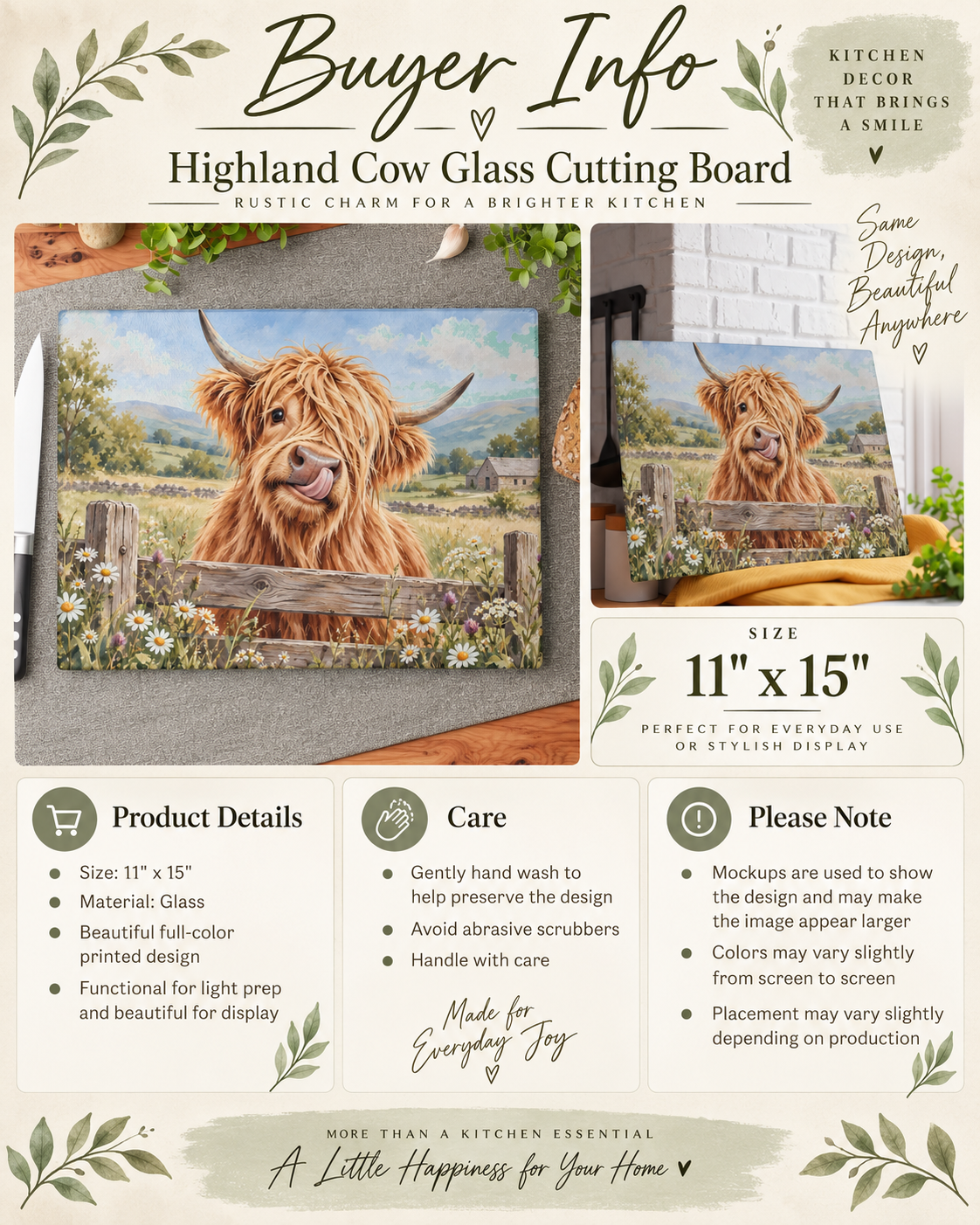 Glass Cutting Board - Cute Highland Cow Kitchen Glass Chopping Board, Whimsical Farmhouse Decor Gift