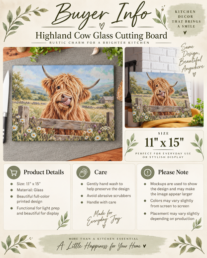 Glass Cutting Board - Cute Highland Cow Kitchen Glass Chopping Board, Whimsical Farmhouse Decor Gift