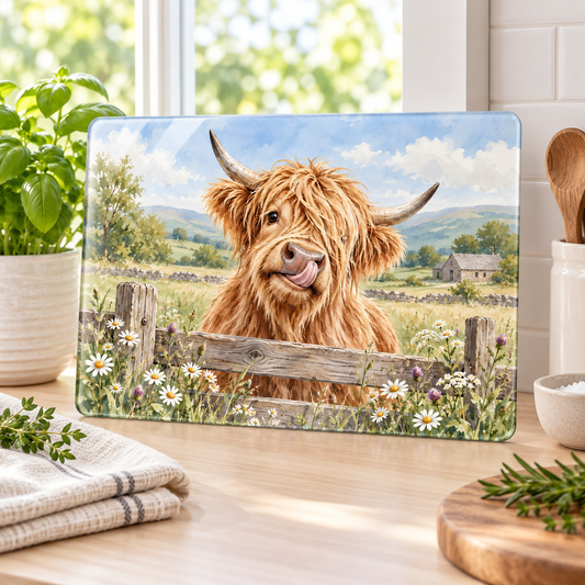 Glass Cutting Board - Cute Highland Cow Kitchen Glass Chopping Board, Whimsical Farmhouse Decor Gift