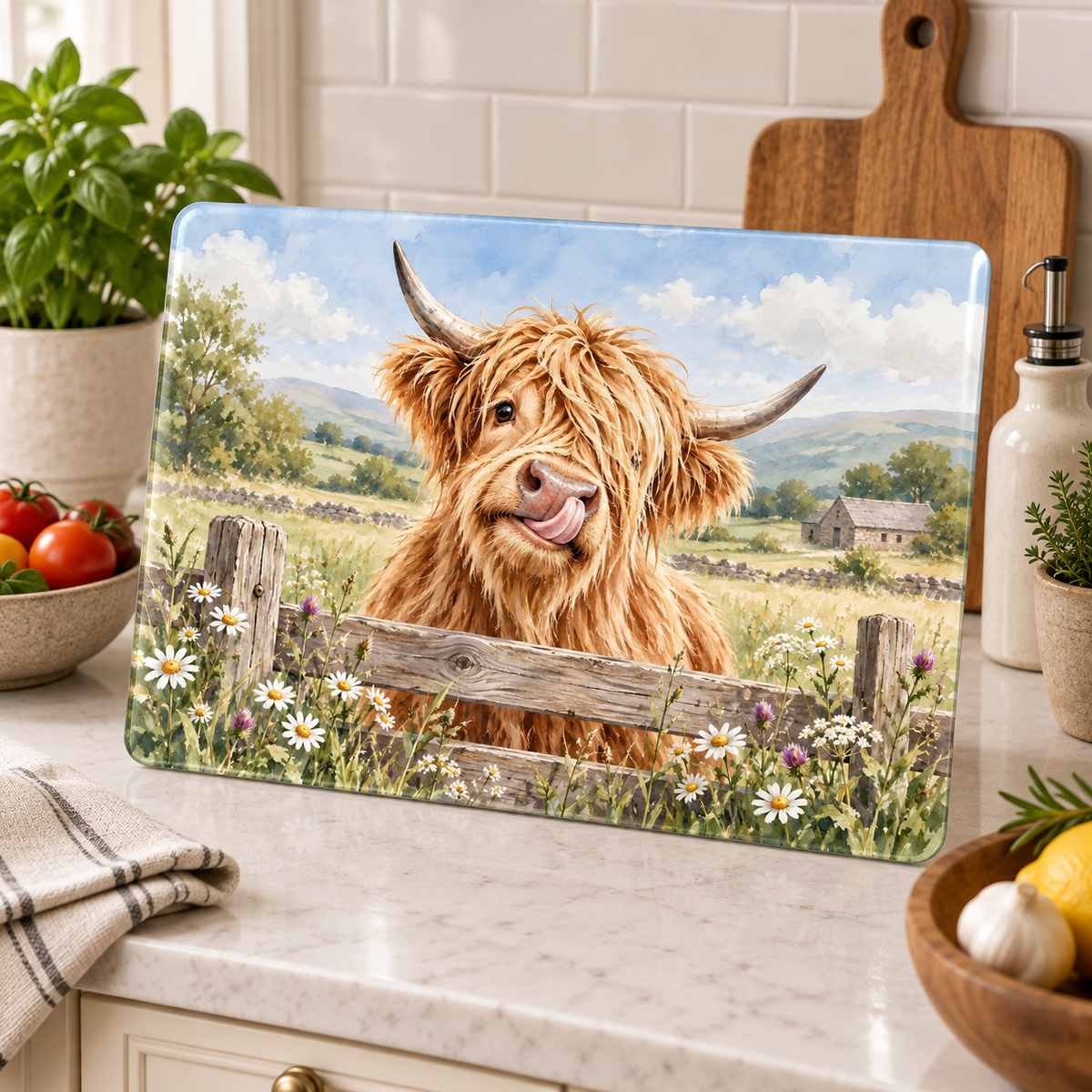 Glass Cutting Board - Cute Highland Cow Kitchen Glass Chopping Board, Whimsical Farmhouse Decor Gift
