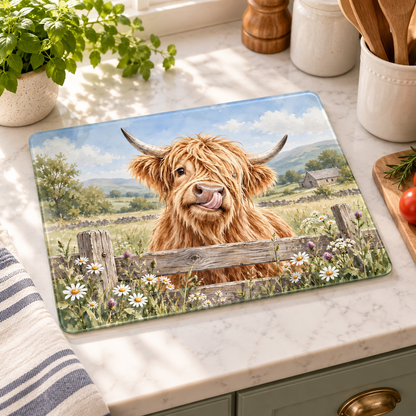 Glass Cutting Board - Cute Highland Cow Kitchen Glass Chopping Board, Whimsical Farmhouse Decor Gift