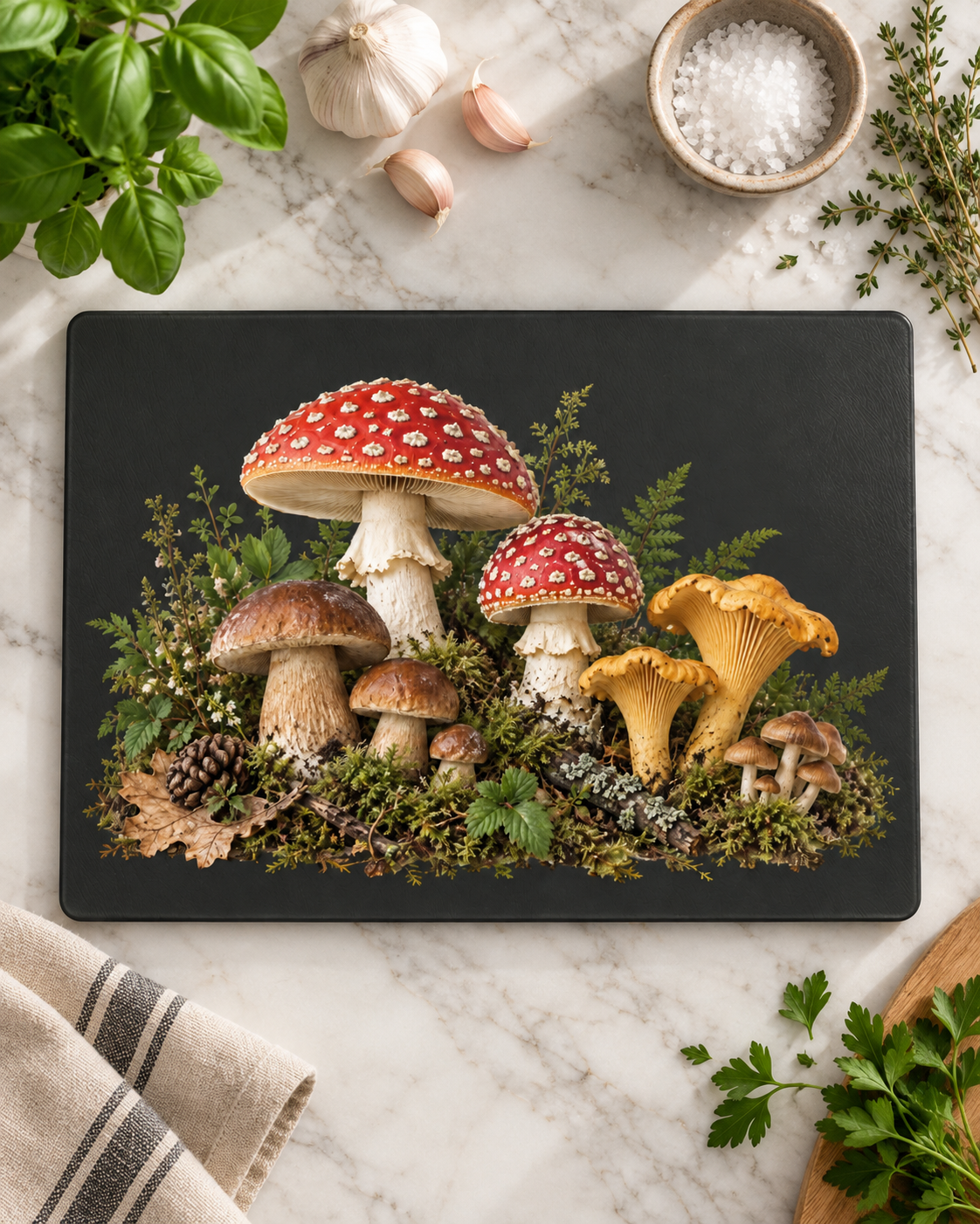 Mushroom Forest Glass Cutting Board – Rustic Kitchen Decor