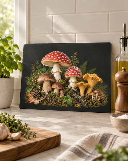 Mushroom Forest Glass Cutting Board – Rustic Kitchen Decor