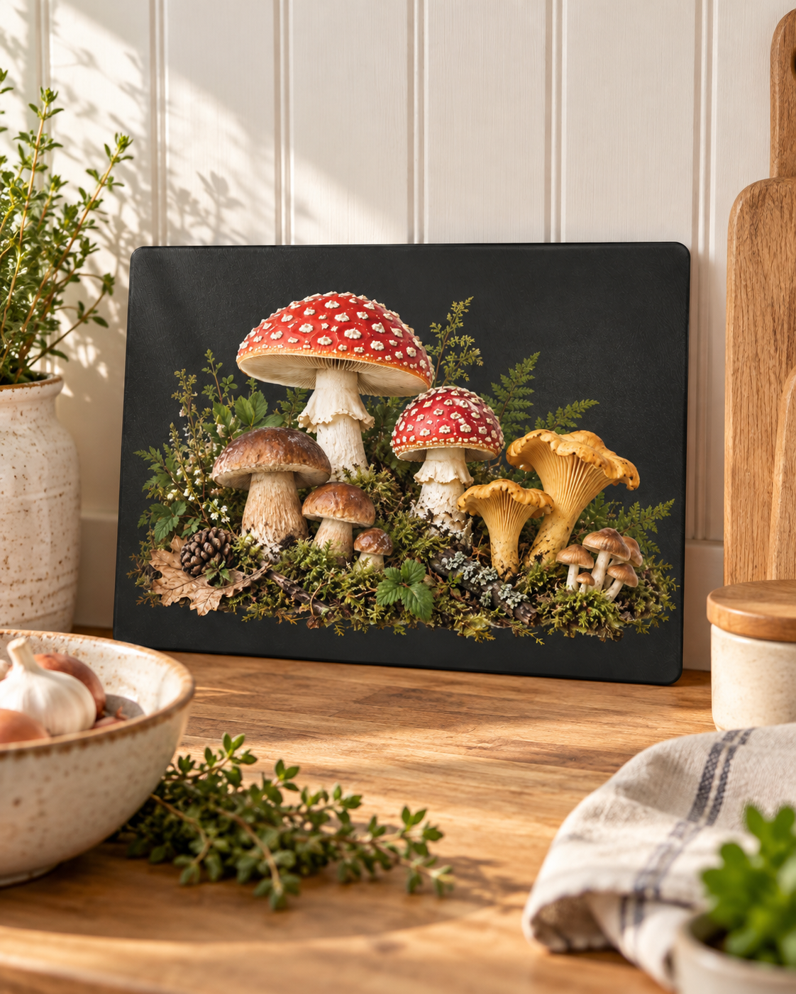 Mushroom Forest Glass Cutting Board – Rustic Kitchen Decor