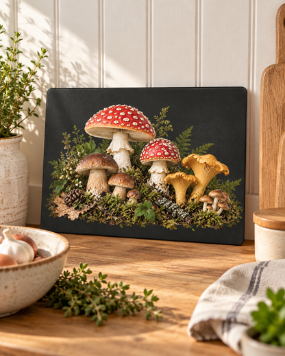 Mushroom Forest Glass Cutting Board – Rustic Kitchen Decor
