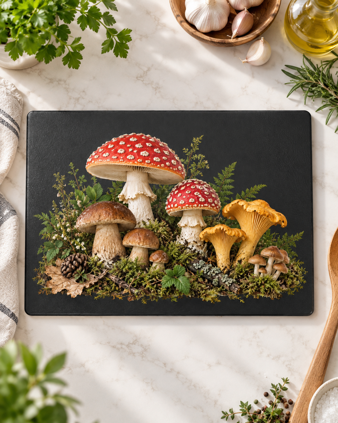 Mushroom Forest Glass Cutting Board – Rustic Kitchen Decor