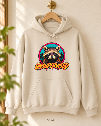 Unsupervised Raccoon Hoodie | Retro Neon Graphic Hooded Sweatshirt